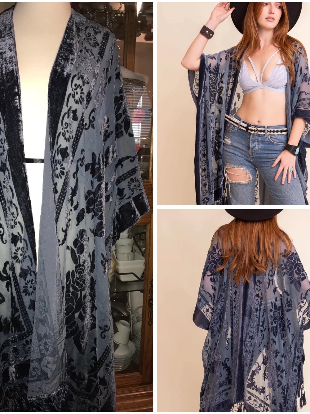 Velvet Burnout Floral Kimono Shrug - Slate
